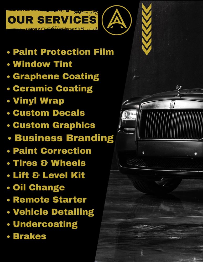 List of automotive services offered with a black luxury car on the right.