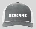 Gray and white cap with 'BEACHME' text.