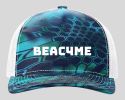 Cap with BEACHME logo and abstract design.