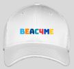 White cap with colorful 'BEACH ME' text.