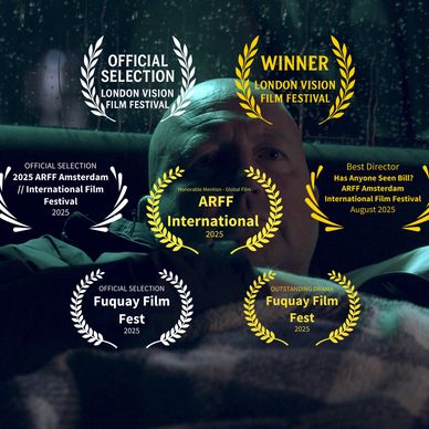 Film festival awards and official selections displayed over a man in rain-soaked window lighting.