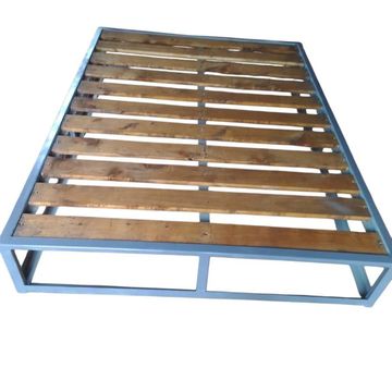 Metal bed frame with wooden slats for mattress support.