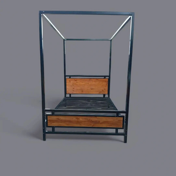 Modern single metal bed frame with wooden accents and canopy structure.