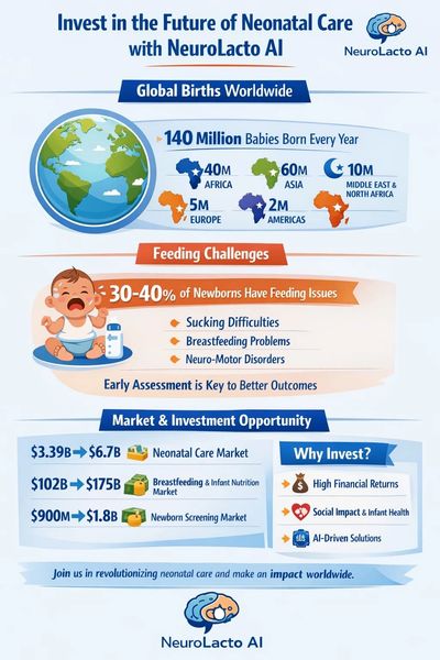 Infographic on neonatal care challenges and investment opportunities with NeuroLacto AI.