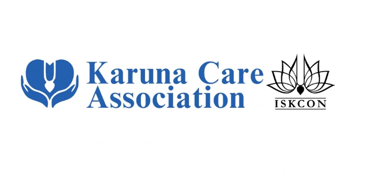 Logo of Karuna Care Association and ISKCON with symbolic designs.