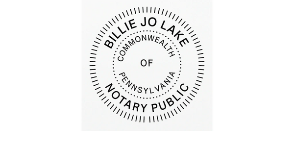 Official Pennsylvania Notary Public seal for Billie Jo Lake