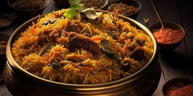A bowl of flavorful biryani with side dishes and sauces on a dark wooden table.