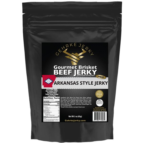 Black package of Gehrke Jerky Gourmet Brisket Beef Jerky, Arkansas Style, mild flavor.