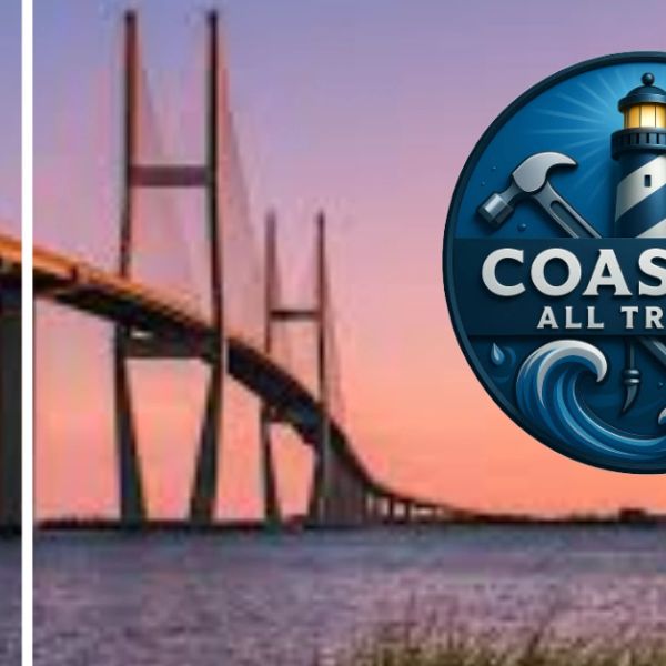 Sunset view of a coastal bridge with a Coastal All Trades logo overlay.