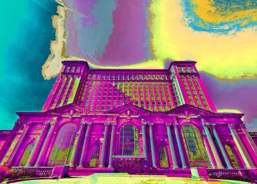Psychedelic art of a large classical building.