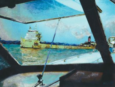 View of a ship from inside a boat cabin.