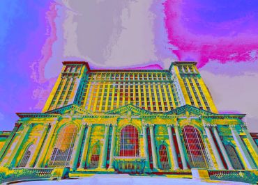 Color-distorted view of a large historic building with columns.