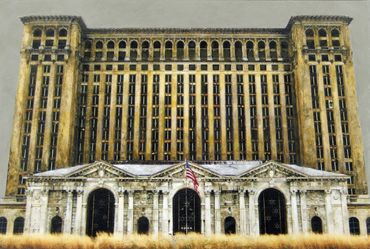 Abandoned historic building with grand facade and tall windows.