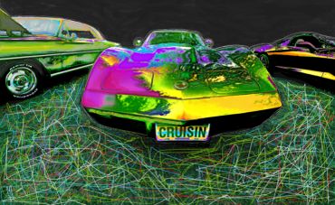 Colorful classic cars under neon light with 'CRUISIN' plate.