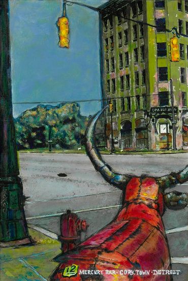 Painting of a street corner with a bull sculpture and traffic lights in Detroit.