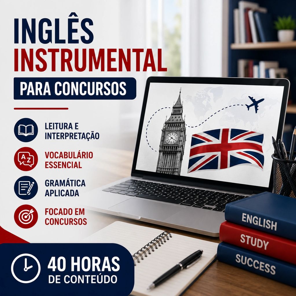 Curso de inglês instrumental para concursos com 40 horas de conteúdo.