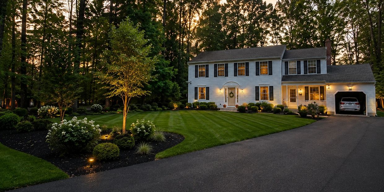 A well-lit suburban house with a manicured lawn at dusk.