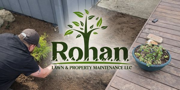 A man planting a shrub next to a house corner with a garden logo overlay.