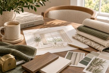 Window treatment samples featuring wood finishes, shade fabrics, shutters and motorization options.