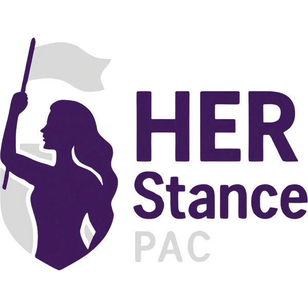 Logo of HER Stance PAC with a woman holding a flag.