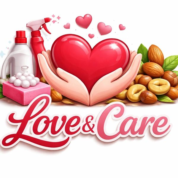 Illustration of hands holding a heart with cleaning supplies and nuts, symbolizing love and care.