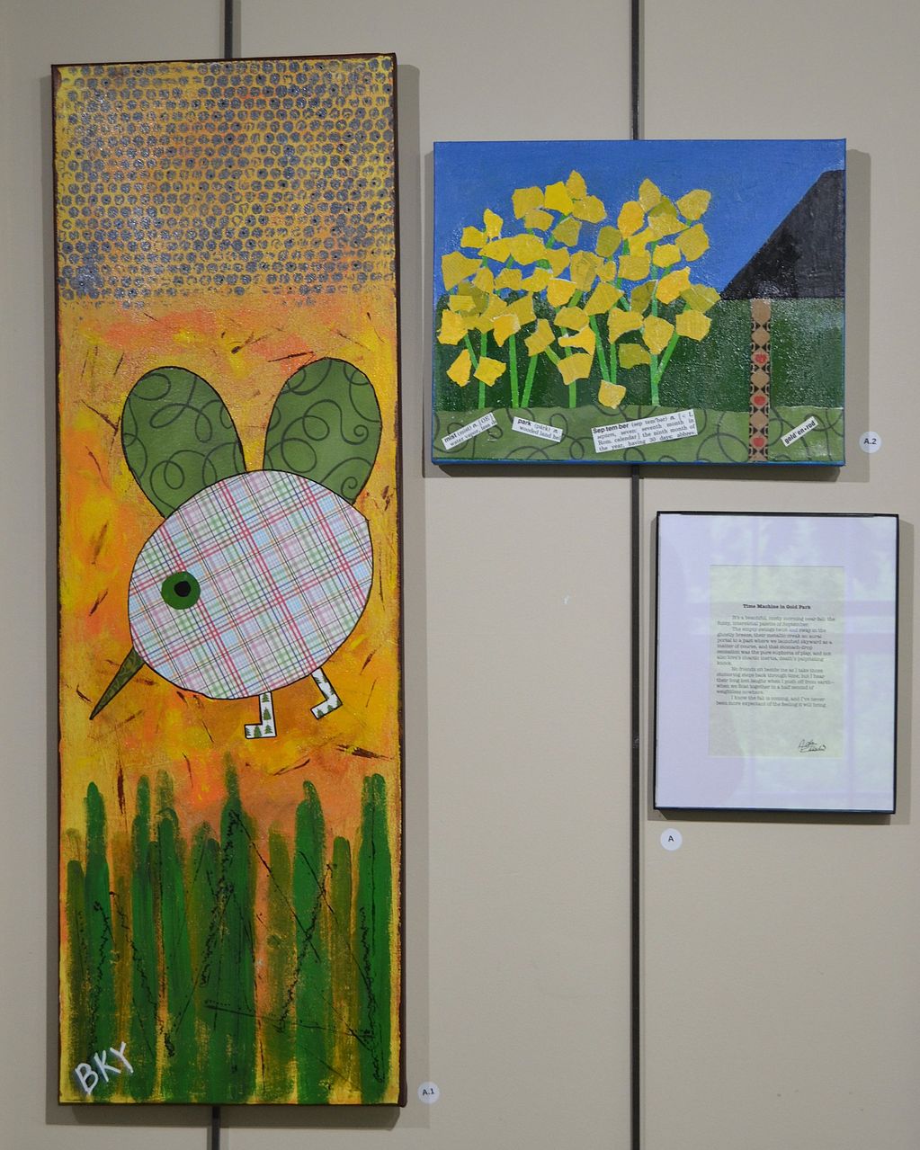 Colorful mixed media artworks featuring a bird and yellow flowers.