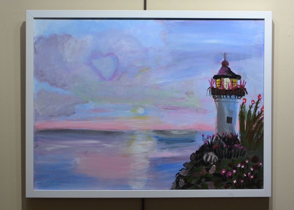 Painting of a lighthouse by the sea at sunset.