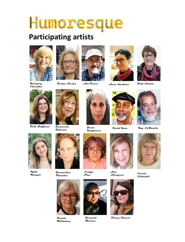 Collage of 18 artists participating in the Humoresque exhibition.