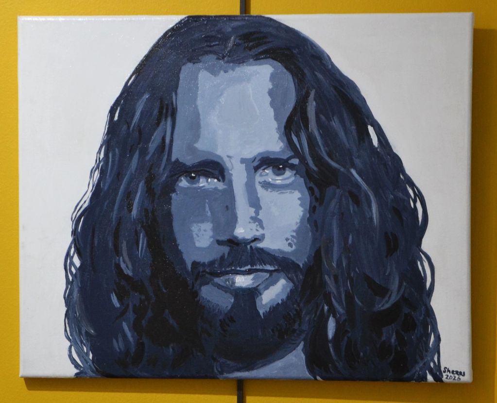 Blue-toned painting of a man with long hair and a beard.