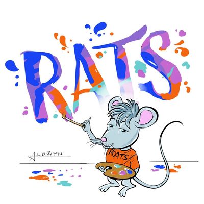 A stylish rat painting the word 'RATS' with colorful splashes.