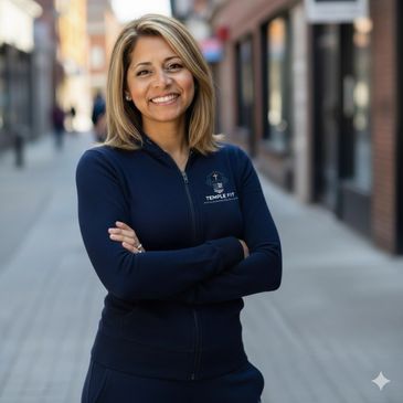 Smiling woman in navy Temple Fit jacket standing confidently outdoors.