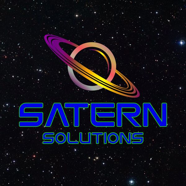 Logo with colorful Saturn rings and text 'Satern Solutions' on a starry background.