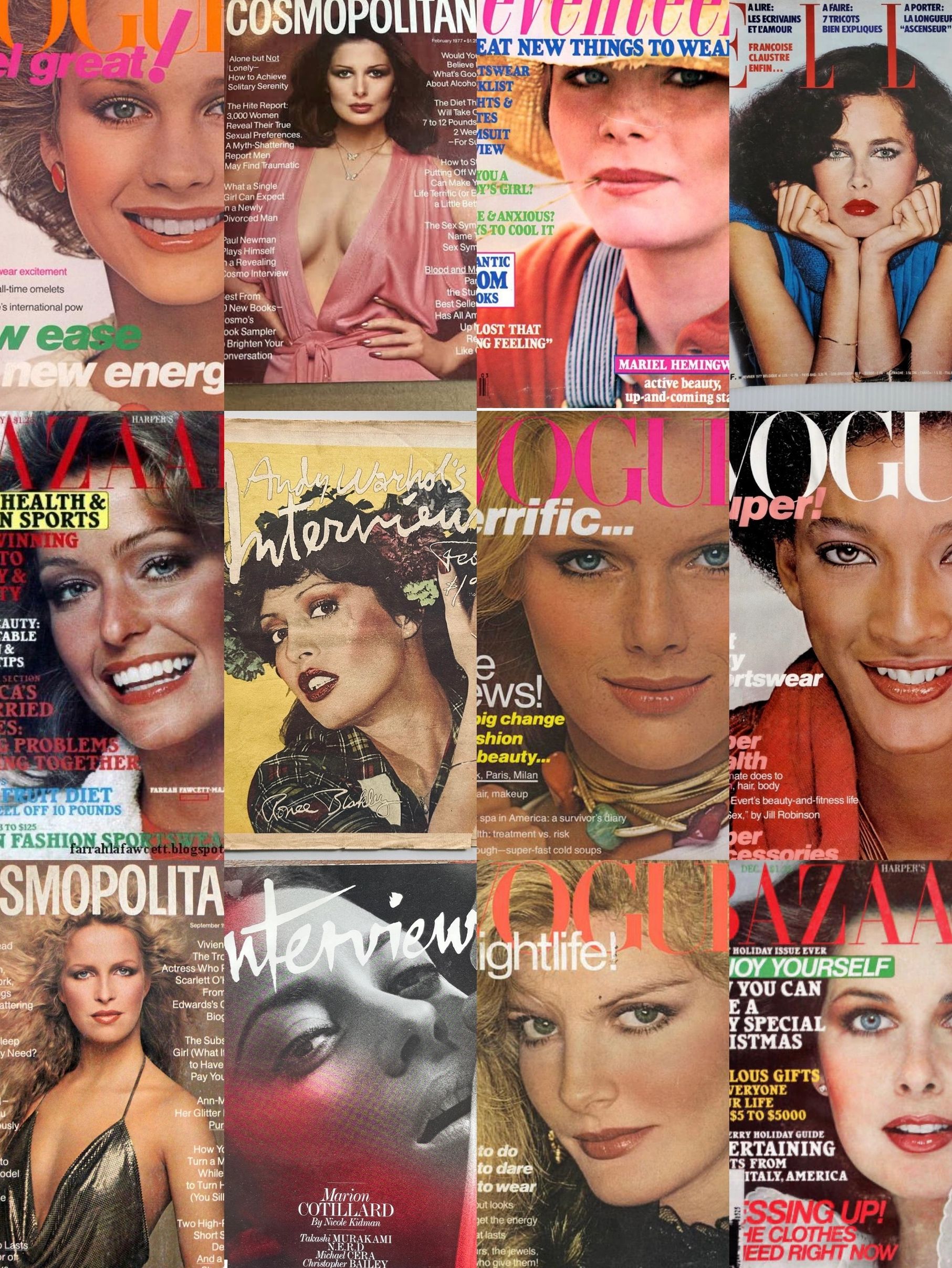 Collage of vintage magazine covers featuring iconic supermodels and celebrities.