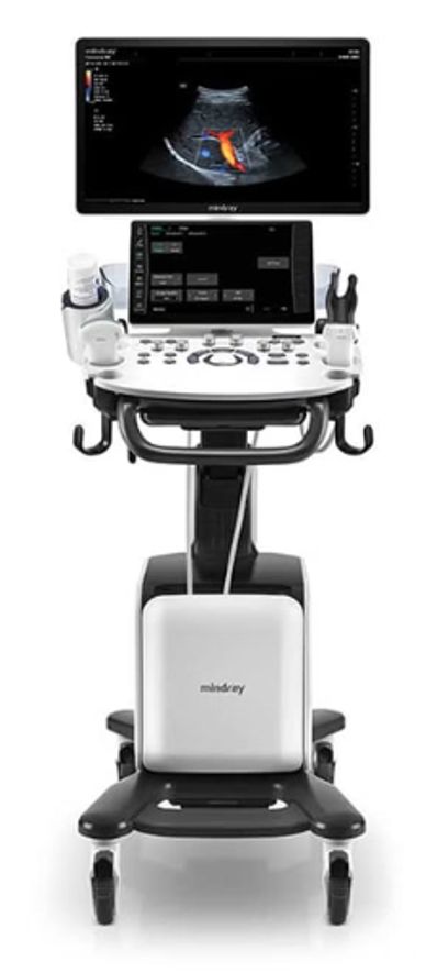 A modern Mindray ultrasound machine with color Doppler imaging on screen.