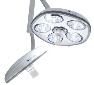Modern LED surgical light with multiple bright bulbs for operating rooms.