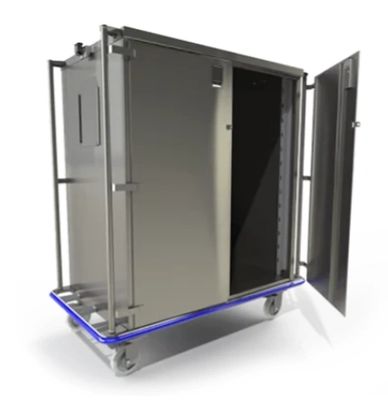 A metallic mobile storage cabinet with an open door on wheels.