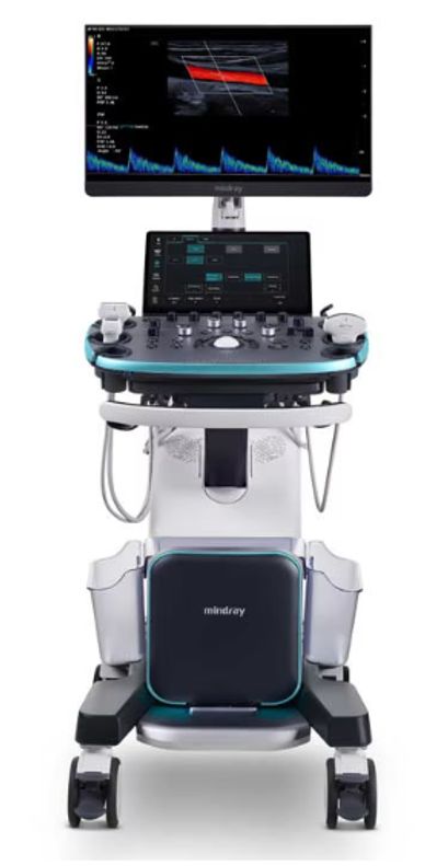 Advanced Mindray ultrasound machine with dual screens and multiple controls.