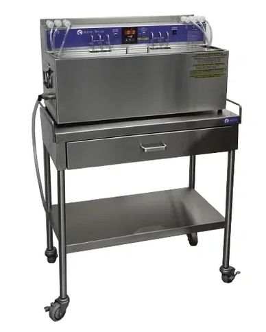Commercial stainless steel laboratory water bath on a wheeled stand.