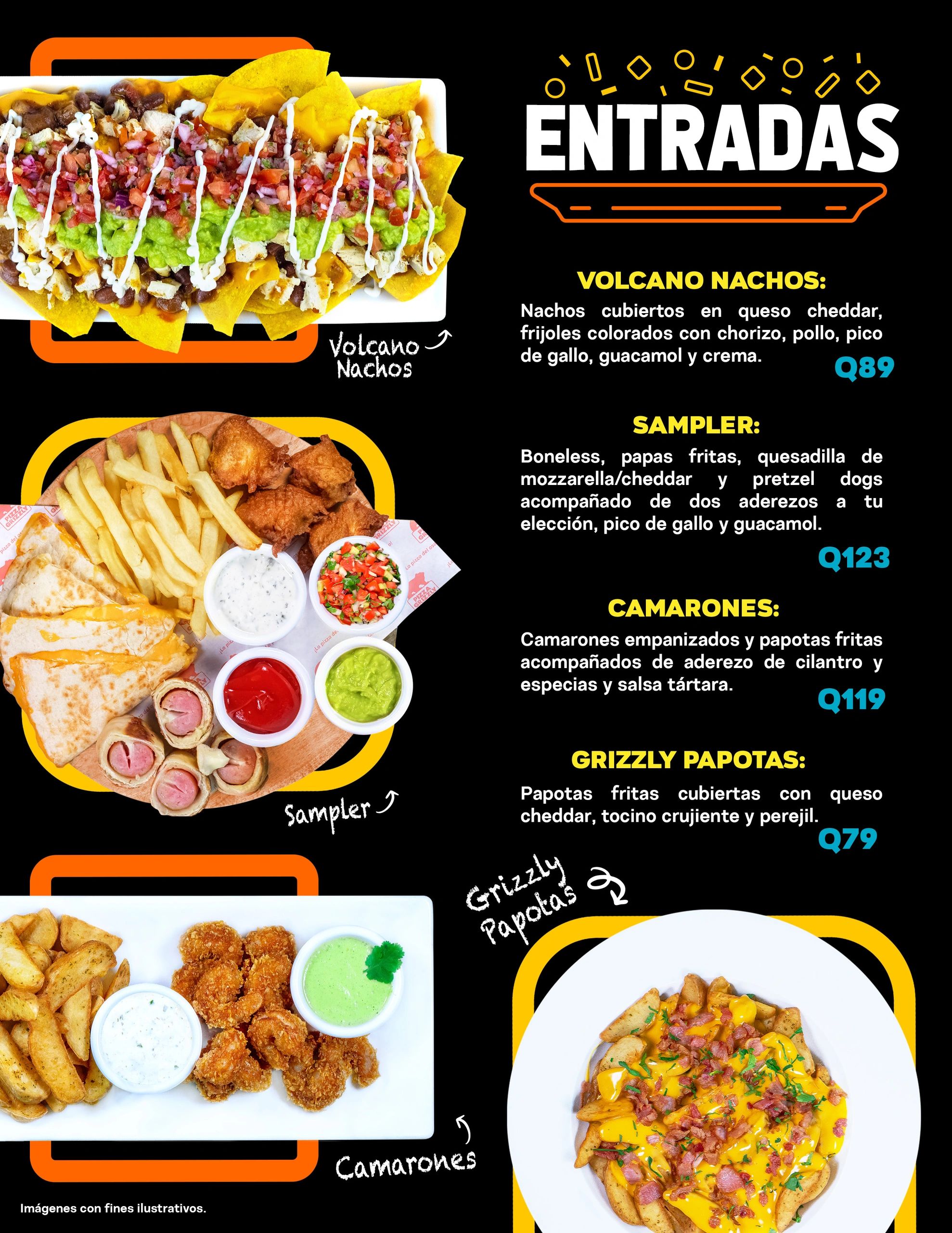 Menu of appetizers with Volcano Nachos, Sampler, Shrimp, and Grizzly Papotas.