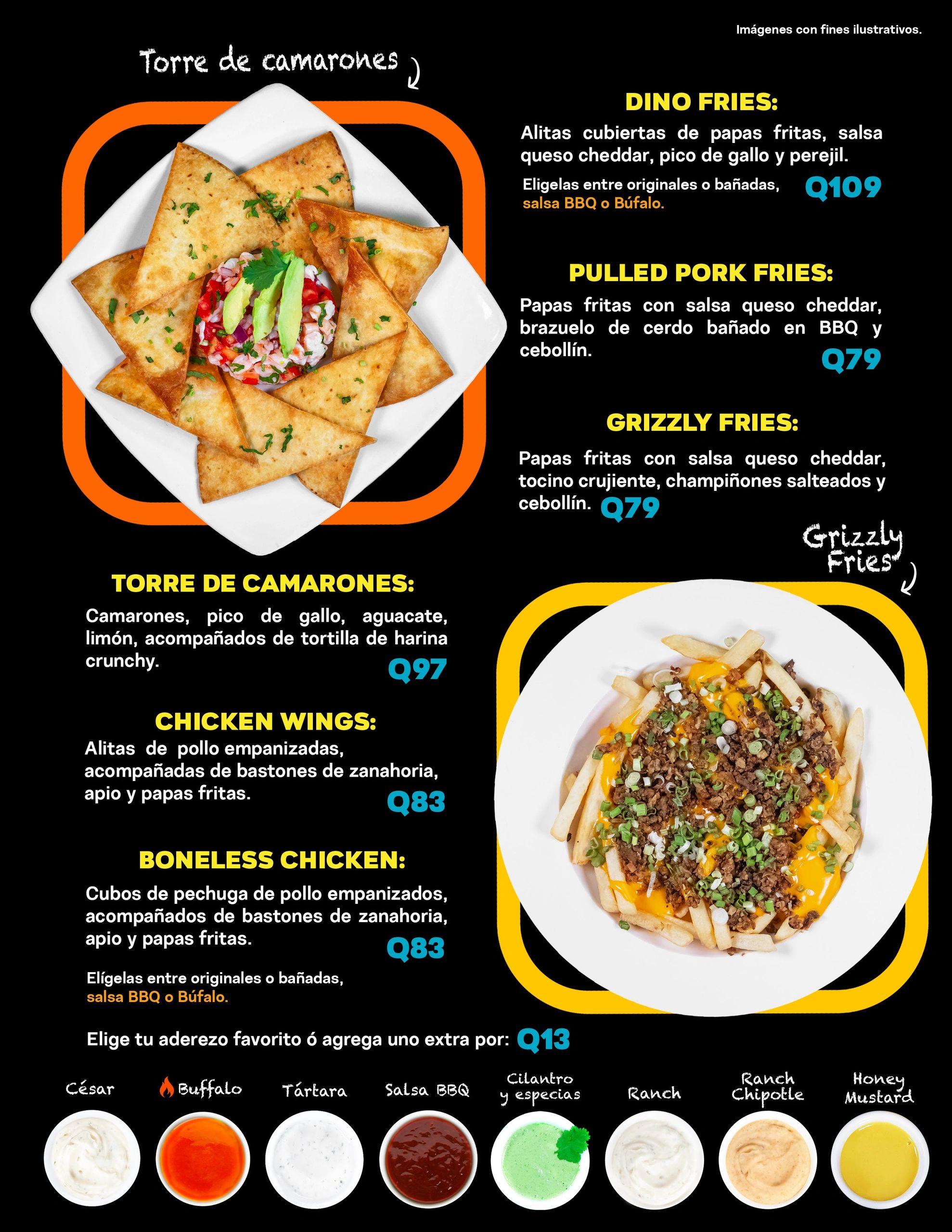Menu with shrimp tower, chicken wings, boneless chicken, and various fries with different sauces and dressings.
