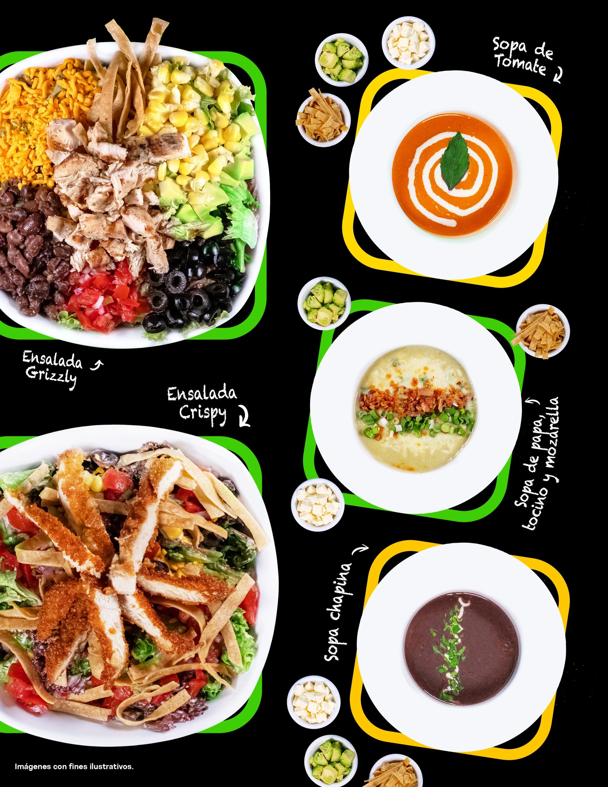 Colorful Mexican dishes including salads and soups with fresh ingredients.