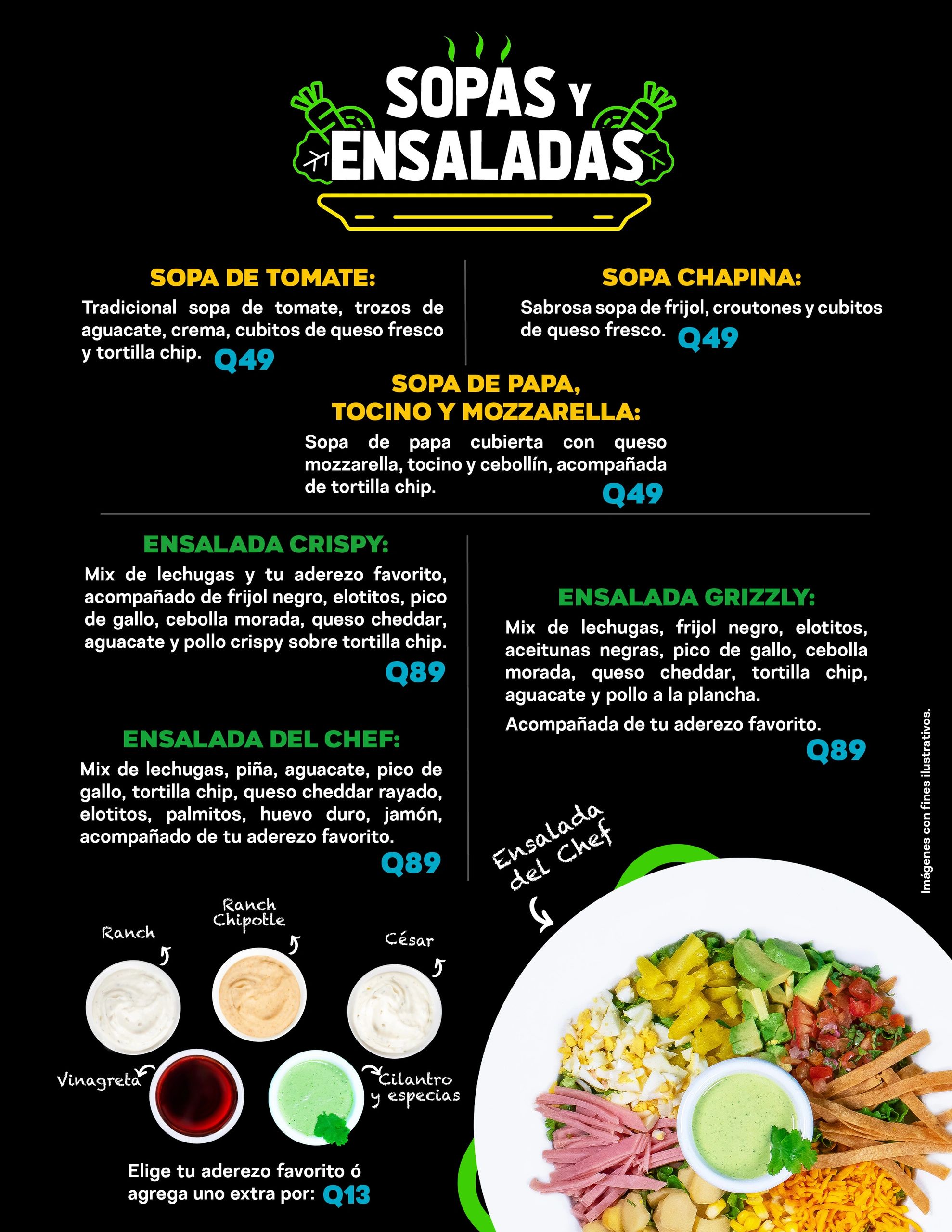 Menu of soups and salads with prices and dressing options.