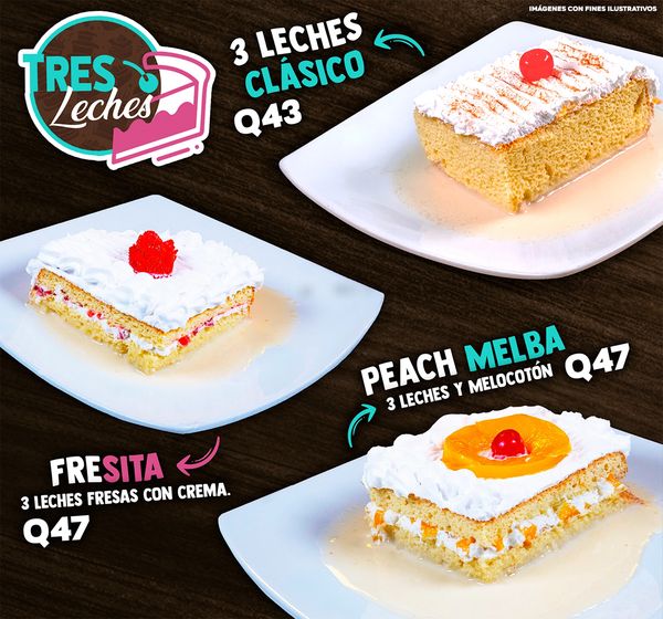 Three varieties of Tres Leches cake with different toppings and prices.