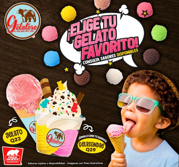 Colorful ice cream advertisement with a child enjoying a cone, promoting Gelatoso flavors.