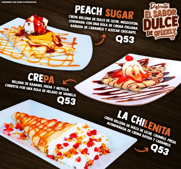 Tres crepas dulces con diferentes rellenos y coberturas, cada una por Q53.