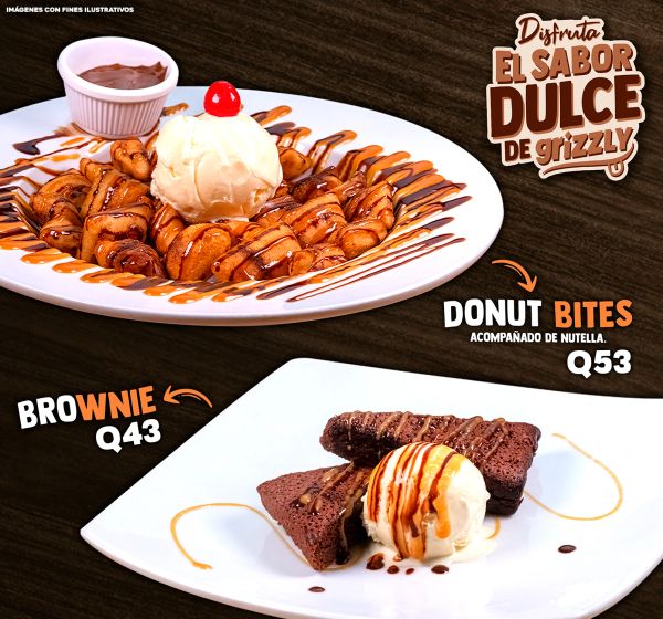 Delicious Donut Bites and Brownie desserts with ice cream and chocolate drizzles.
