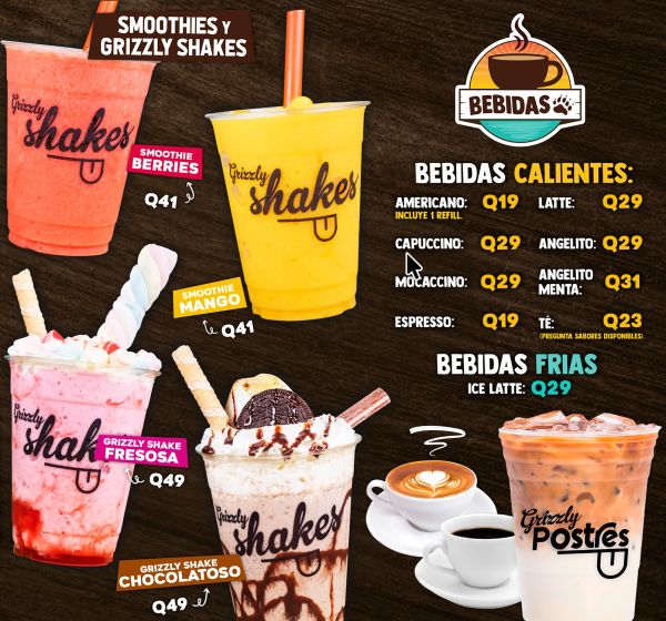 Menu of smoothies, shakes, and hot and cold drinks with prices in Quetzales.