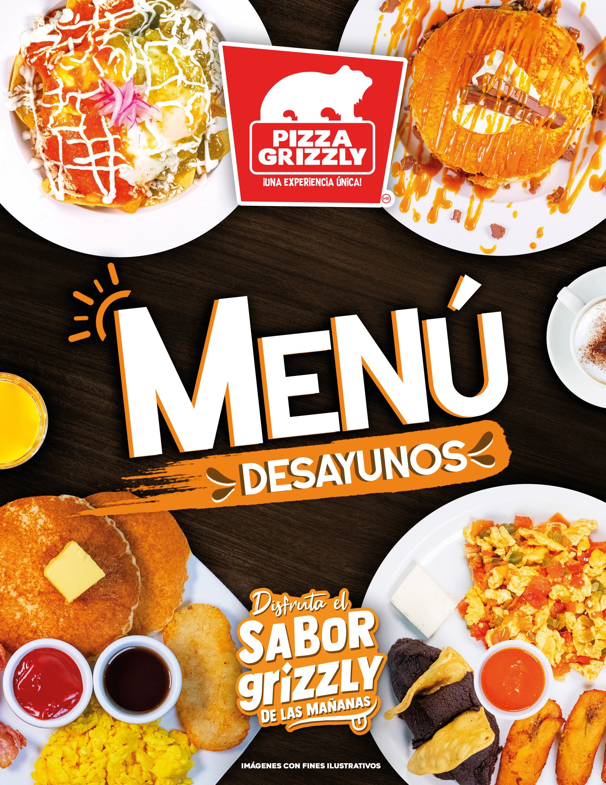 Breakfast menu from Pizza Grizzly with pancakes, eggs, and more.