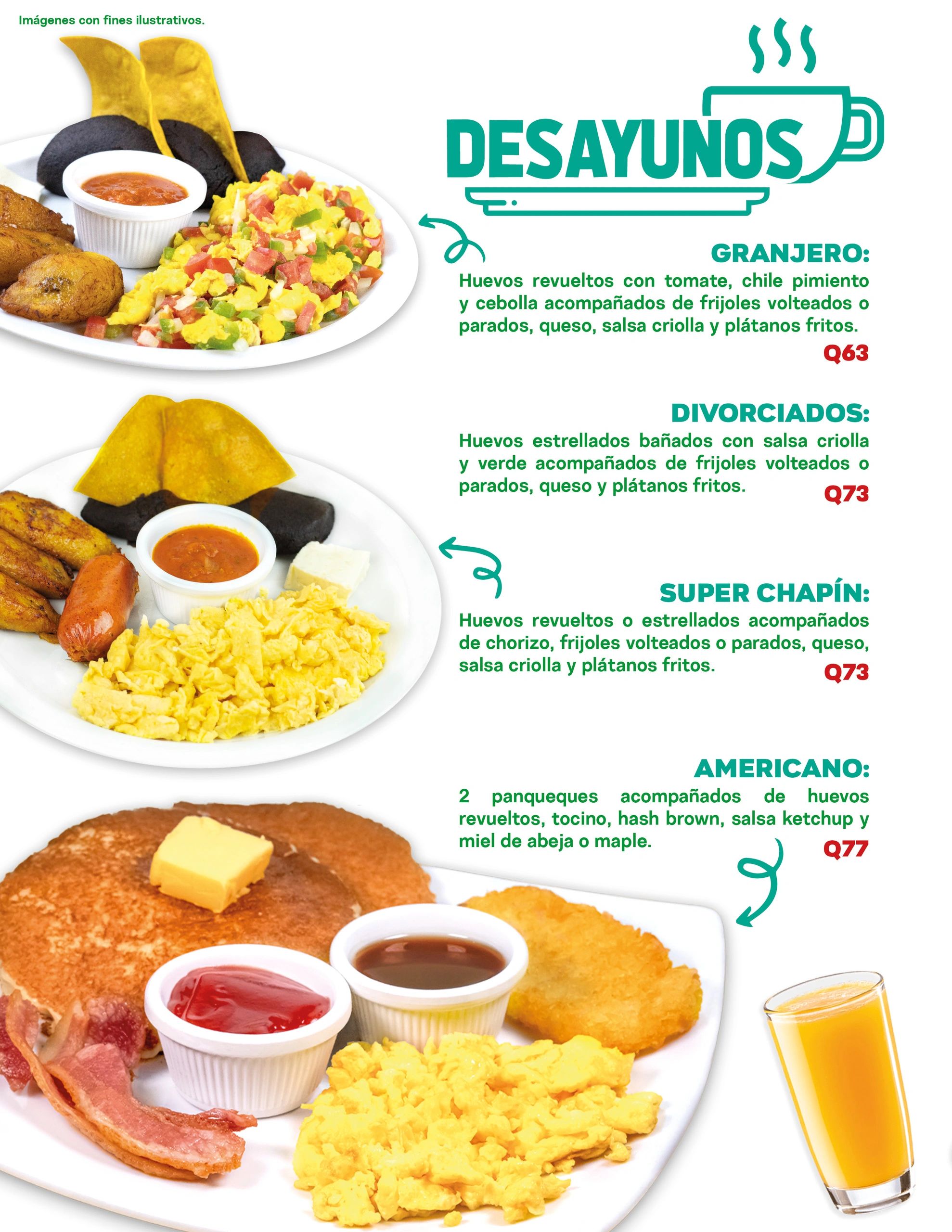 Variety of breakfast plates with eggs, beans, plantains, pancakes, and juice.