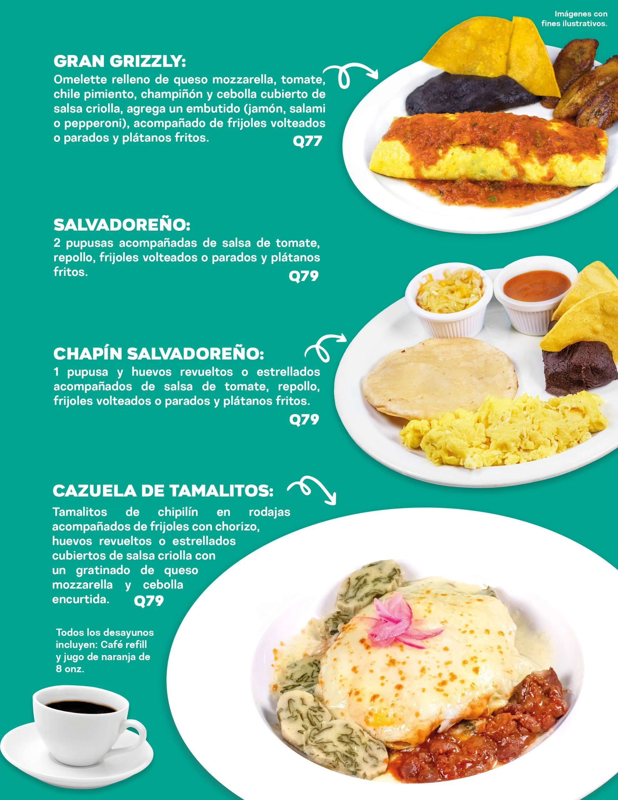 Variety of Salvadoran breakfast dishes with eggs, pupusas, tamalitos, beans, and fried plantains.